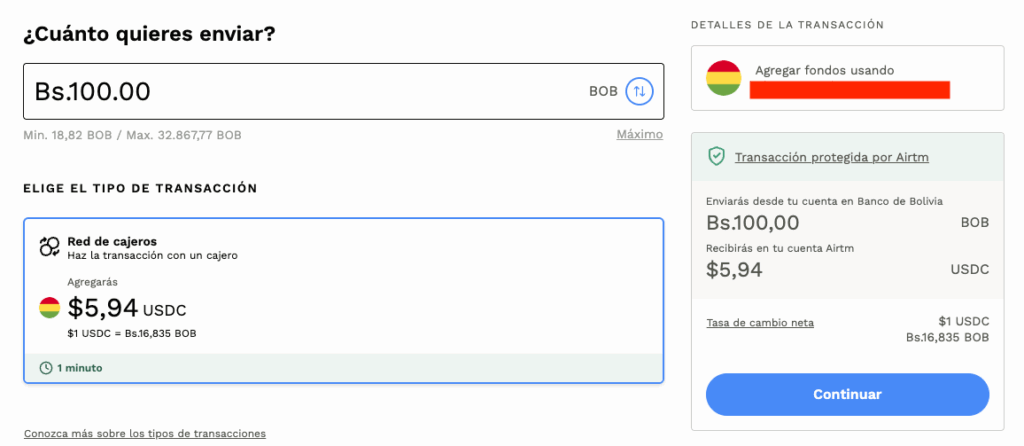 Introduce el monto en bolivianos (BOB) que deseas enviar AIRTM BOLIVIA